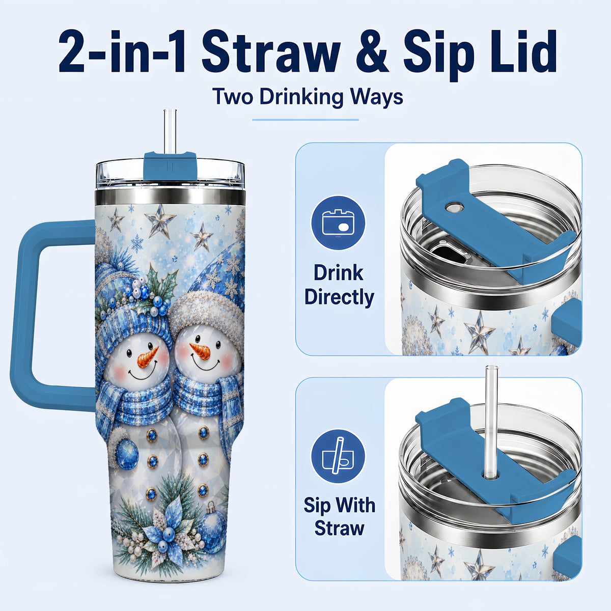 #pl[40oz|Blue] Blue Gem Snowmen 40oz Tumbler with Handle, Winter Snowman Travel Cup