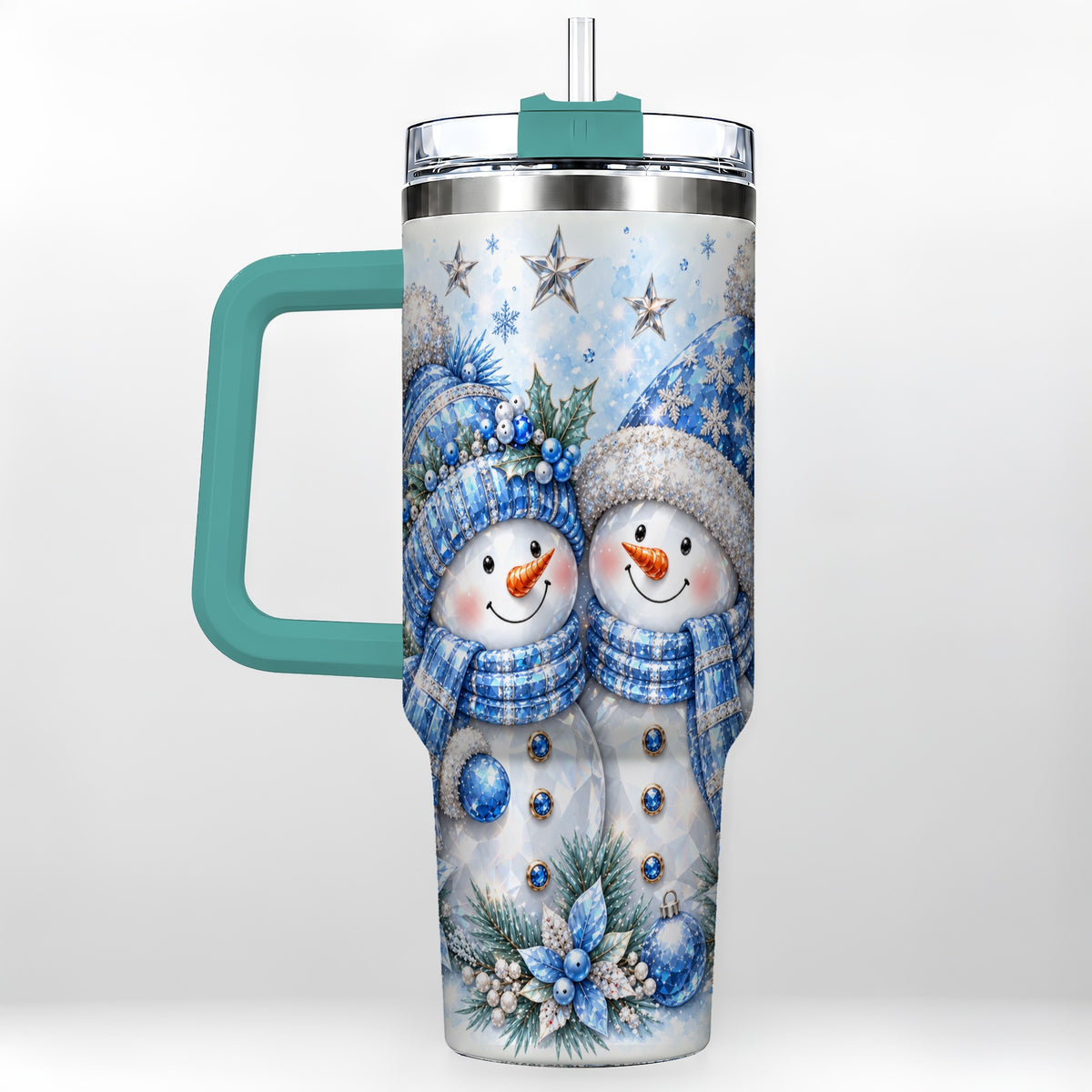 #pl[40oz|Green] Blue Gem Snowmen 40oz Tumbler with Handle, Winter Snowman Travel Cup