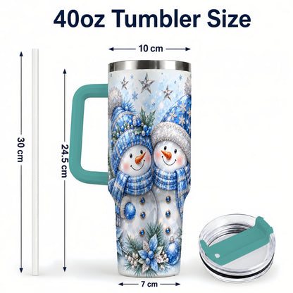 #pl[40oz|Green] Blue Gem Snowmen 40oz Tumbler with Handle, Winter Snowman Travel Cup