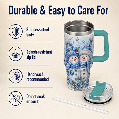 #pl[40oz|Green] Blue Gem Snowmen 40oz Tumbler with Handle, Winter Snowman Travel Cup