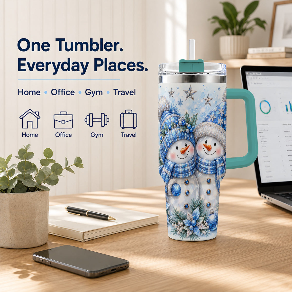 #pl[40oz|Green] Blue Gem Snowmen 40oz Tumbler with Handle, Winter Snowman Travel Cup