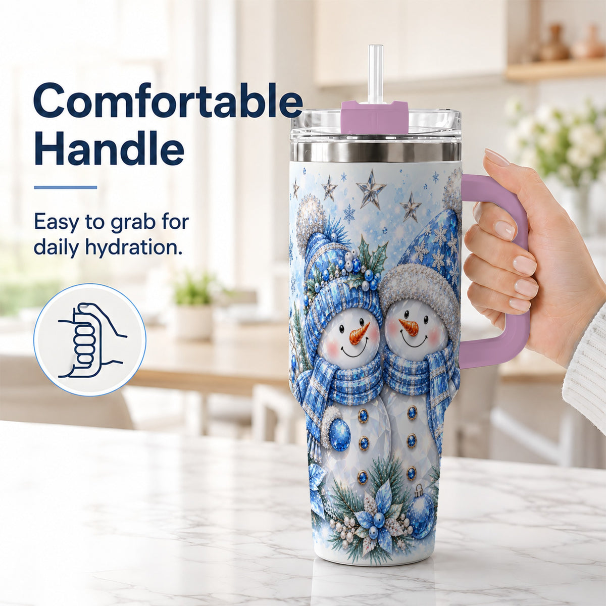 #pl[40oz|Pink] Blue Gem Snowmen 40oz Tumbler with Handle, Winter Snowman Travel Cup