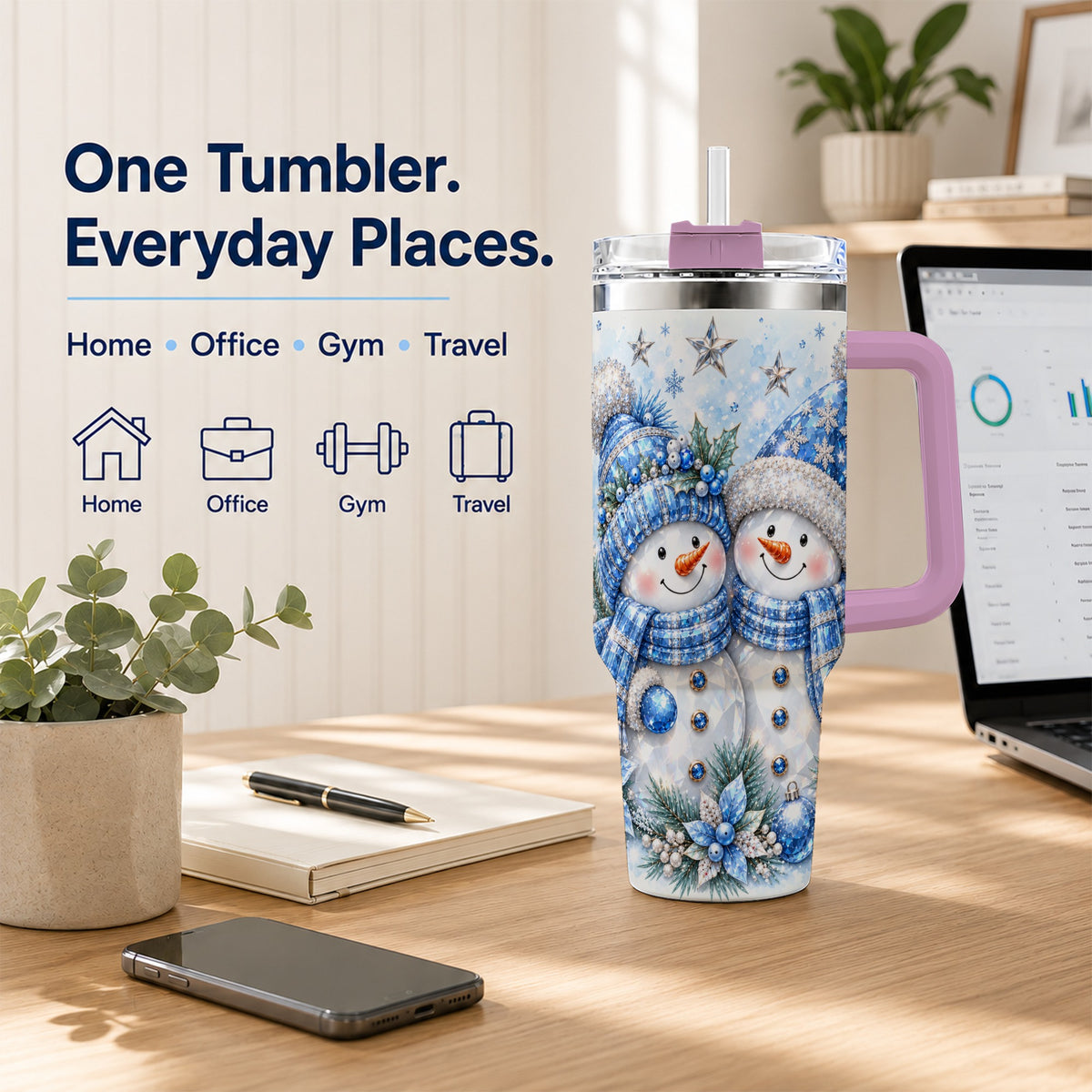 #pl[40oz|Pink] Blue Gem Snowmen 40oz Tumbler with Handle, Winter Snowman Travel Cup