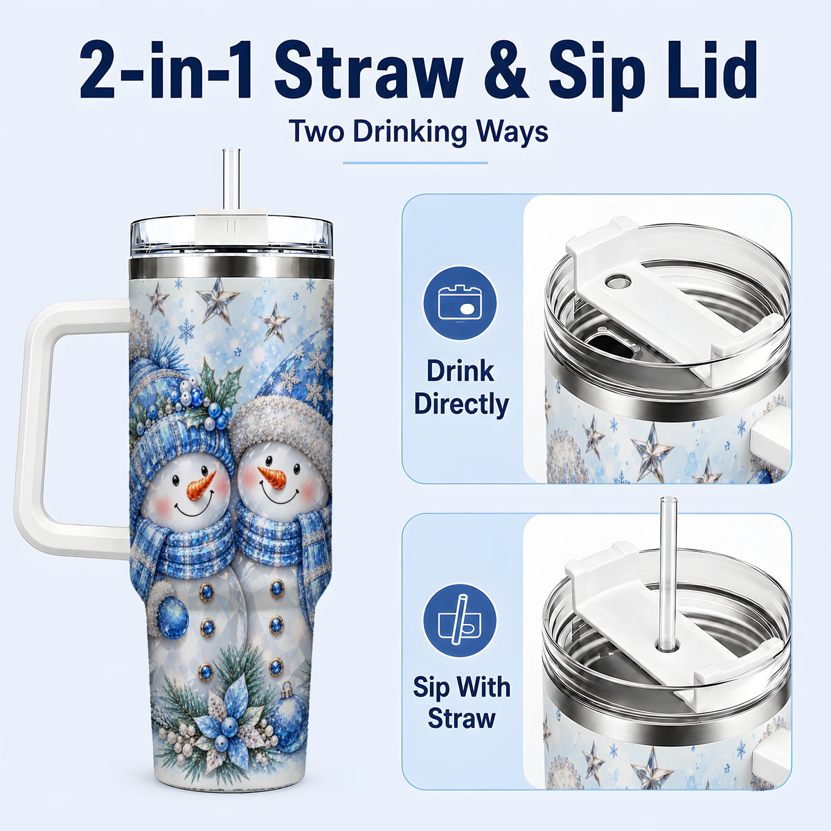 #pl[40oz|White] Blue Gem Snowmen 40oz Tumbler with Handle, Winter Snowman Travel Cup