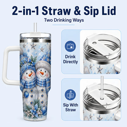 #pl[40oz|White] Blue Gem Snowmen 40oz Tumbler with Handle, Winter Snowman Travel Cup