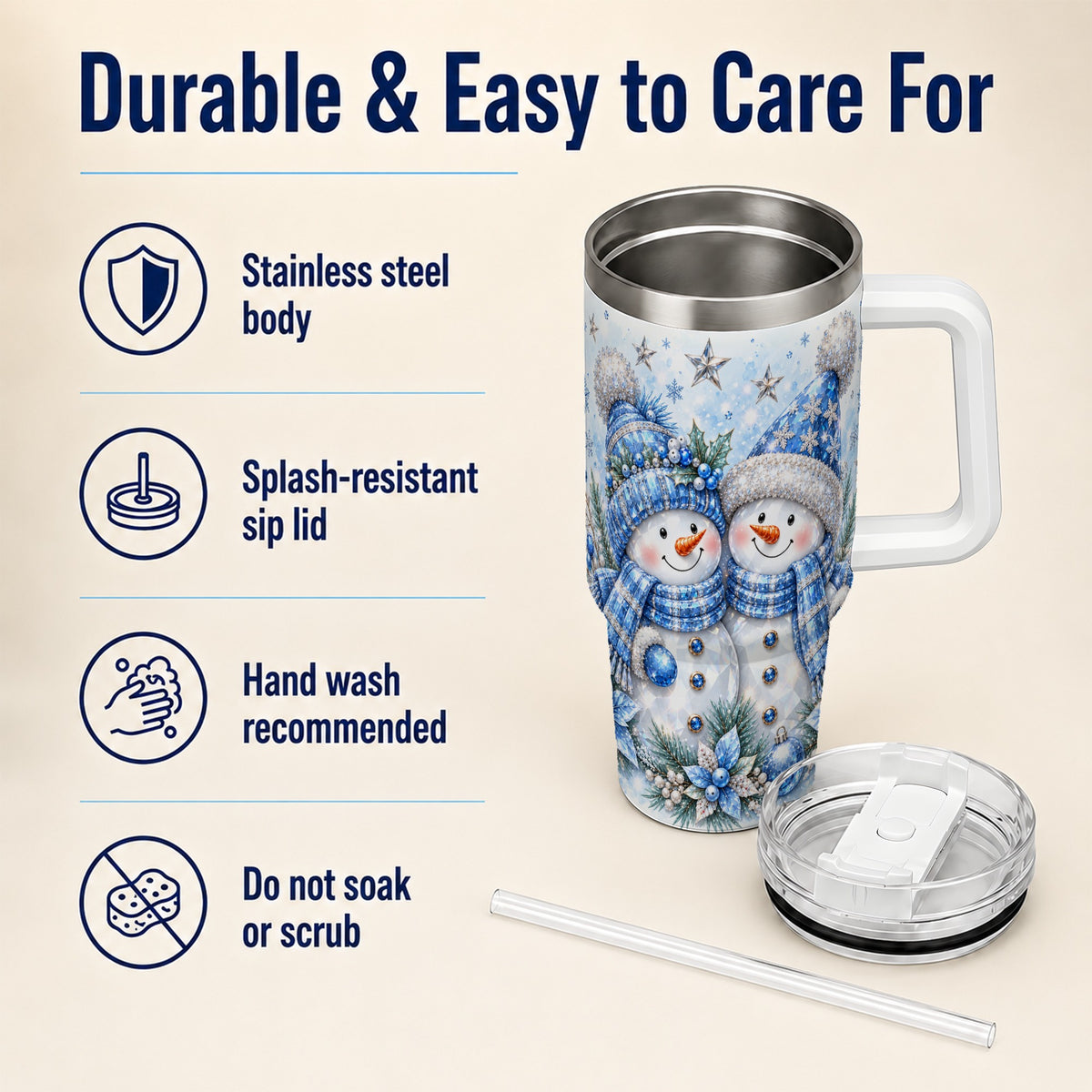 #pl[40oz|White] Blue Gem Snowmen 40oz Tumbler with Handle, Winter Snowman Travel Cup