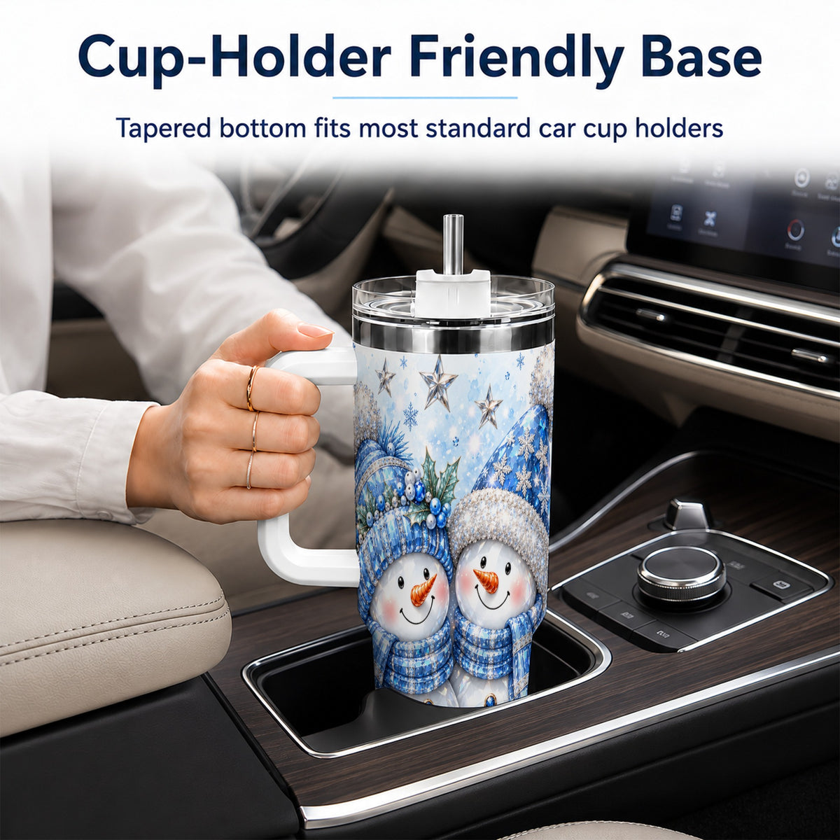 #pl[40oz|White] Blue Gem Snowmen 40oz Tumbler with Handle, Winter Snowman Travel Cup
