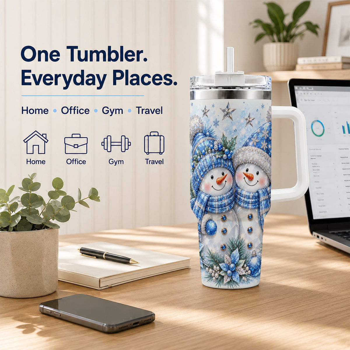 #pl[40oz|White] Blue Gem Snowmen 40oz Tumbler with Handle, Winter Snowman Travel Cup