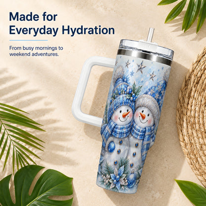 #pl[40oz|White] Blue Gem Snowmen 40oz Tumbler with Handle, Winter Snowman Travel Cup