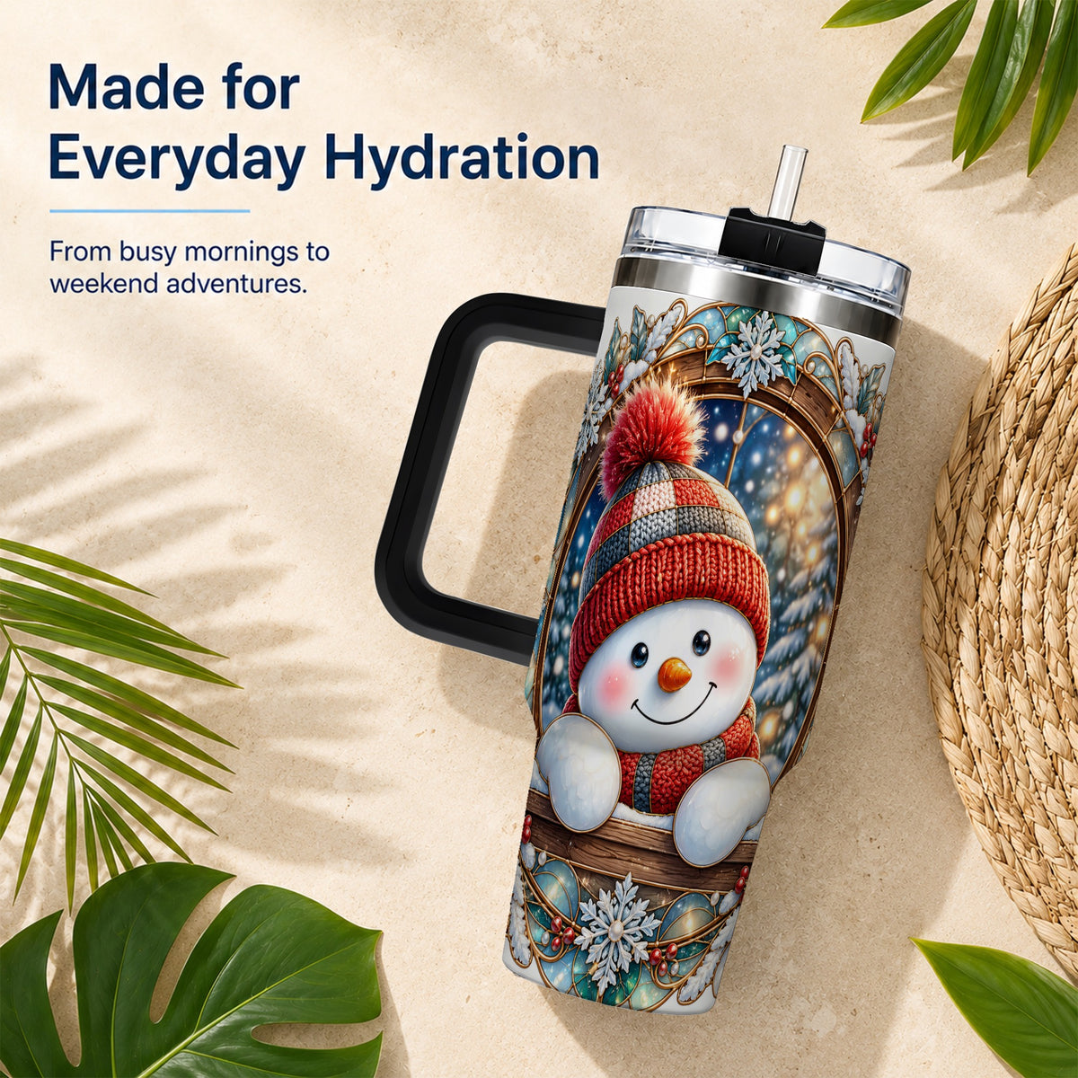 #pl[40oz|Black] Winter Snowman 40oz Tumbler with Handle, Holiday Travel Cup