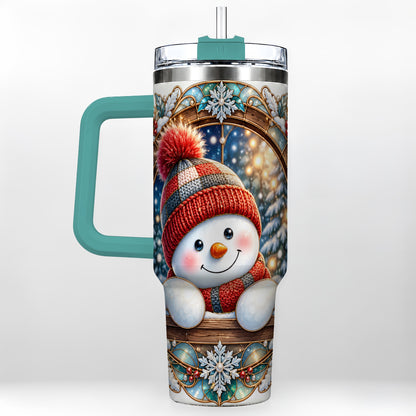 #pl[40oz|Green] Winter Snowman 40oz Tumbler with Handle, Holiday Travel Cup