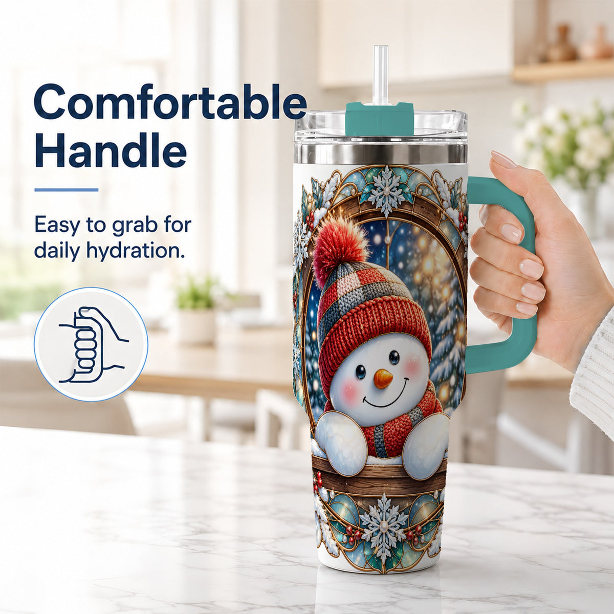 #pl[40oz|Green] Winter Snowman 40oz Tumbler with Handle, Holiday Travel Cup