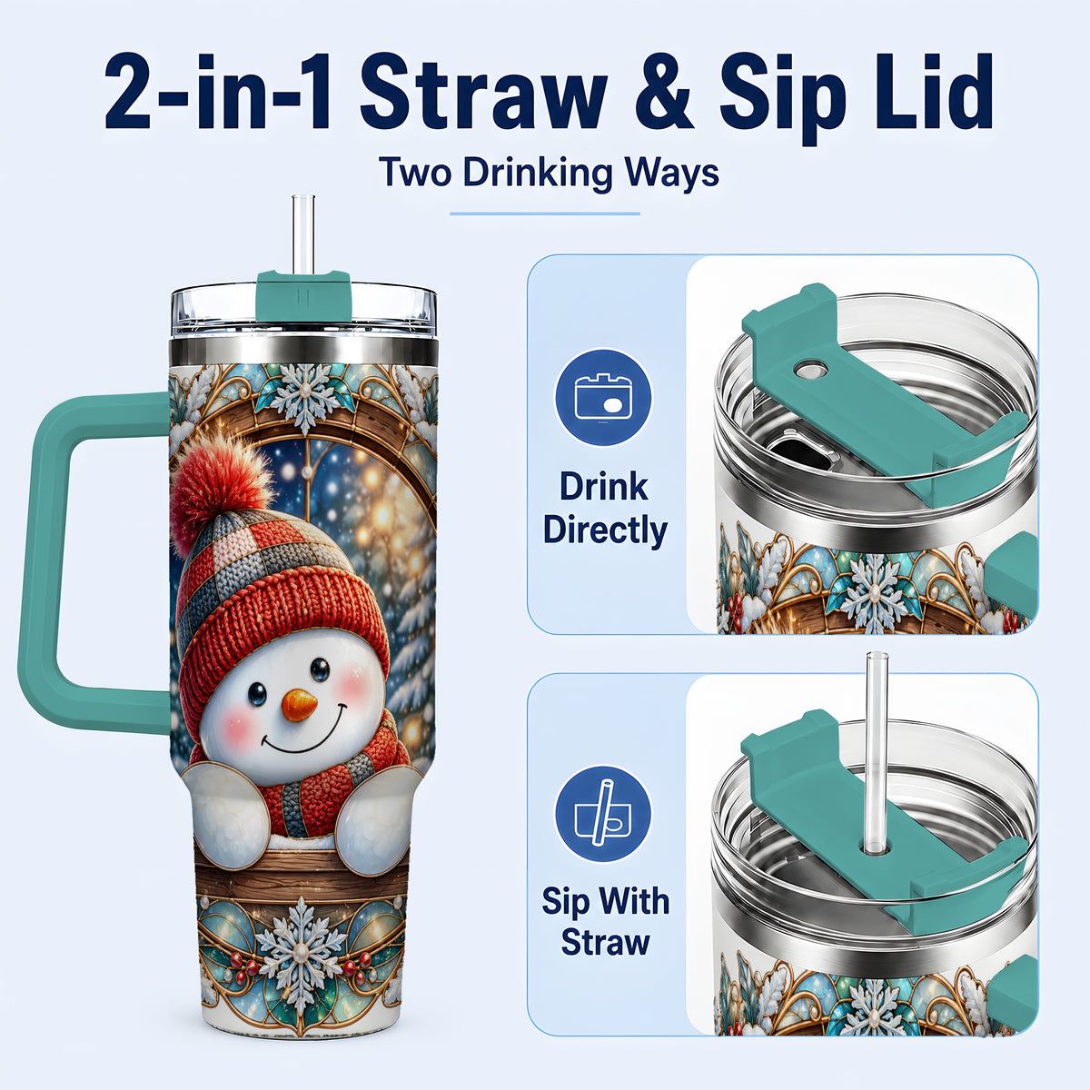 #pl[40oz|Green] Winter Snowman 40oz Tumbler with Handle, Holiday Travel Cup