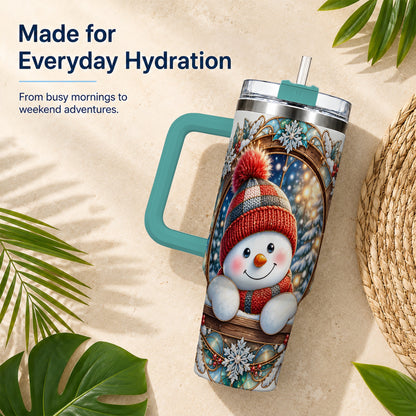 #pl[40oz|Green] Winter Snowman 40oz Tumbler with Handle, Holiday Travel Cup