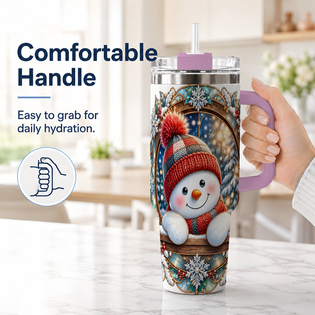#pl[40oz|Pink] Winter Snowman 40oz Tumbler with Handle, Holiday Travel Cup