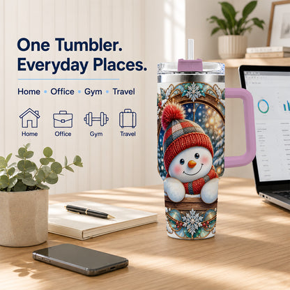 #pl[40oz|Pink] Winter Snowman 40oz Tumbler with Handle, Holiday Travel Cup