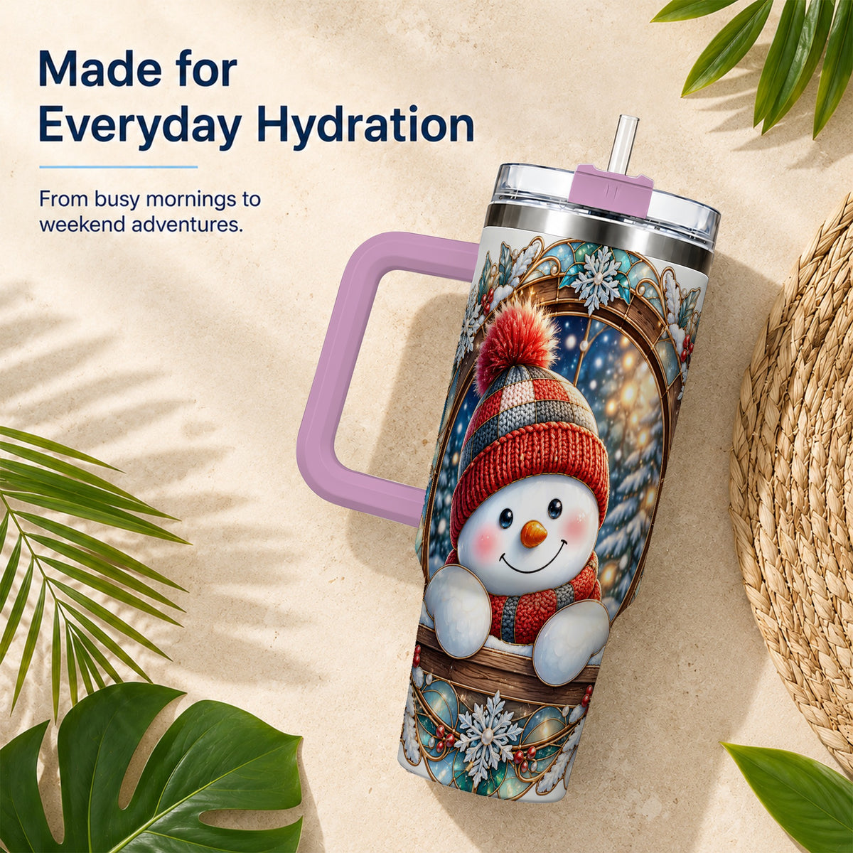 #pl[40oz|Pink] Winter Snowman 40oz Tumbler with Handle, Holiday Travel Cup