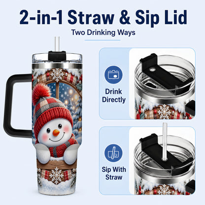 #pl[40oz|Black] Rustic Snowman 40oz Tumbler with Handle, Holiday Travel Cup