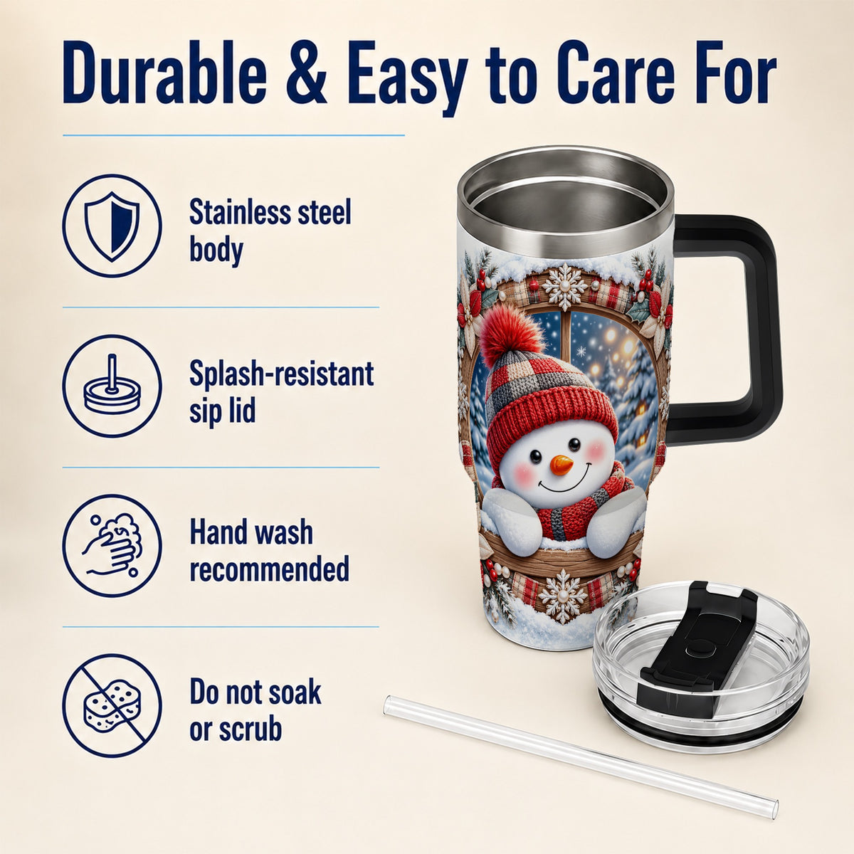 #pl[40oz|Black] Rustic Snowman 40oz Tumbler with Handle, Holiday Travel Cup