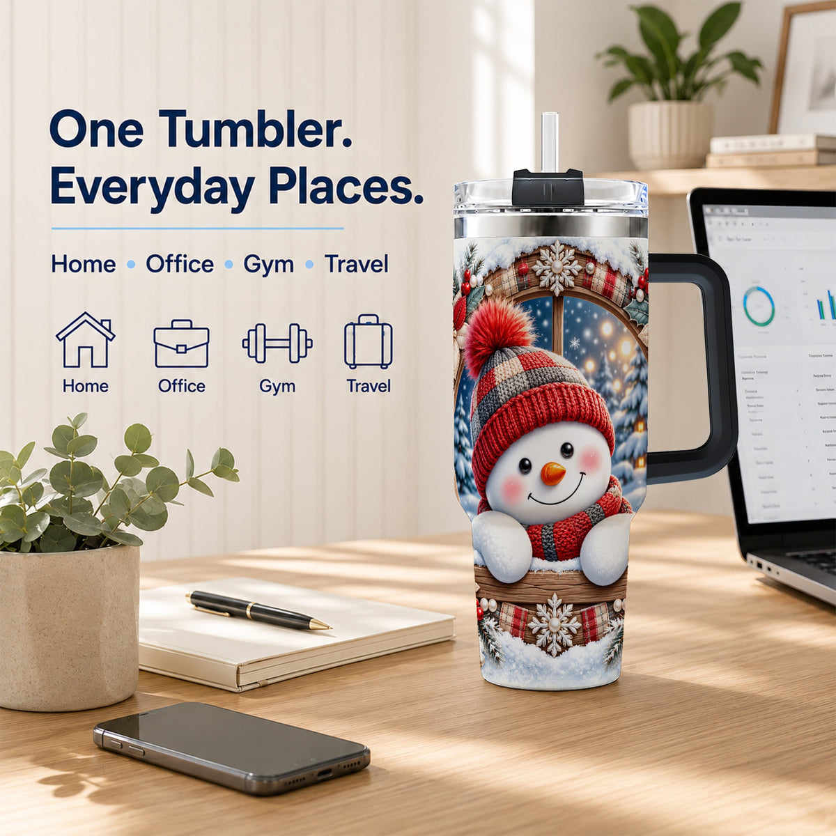 #pl[40oz|Black] Rustic Snowman 40oz Tumbler with Handle, Holiday Travel Cup