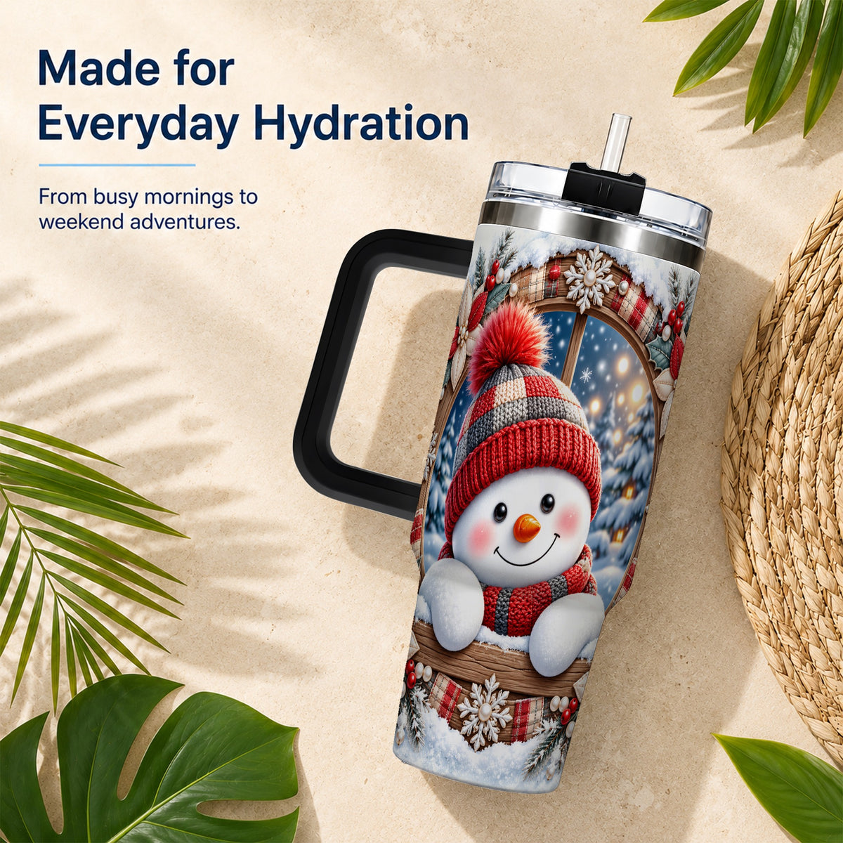 #pl[40oz|Black] Rustic Snowman 40oz Tumbler with Handle, Holiday Travel Cup