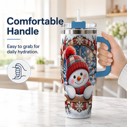 #pl[40oz|Blue] Rustic Snowman 40oz Tumbler with Handle, Holiday Travel Cup