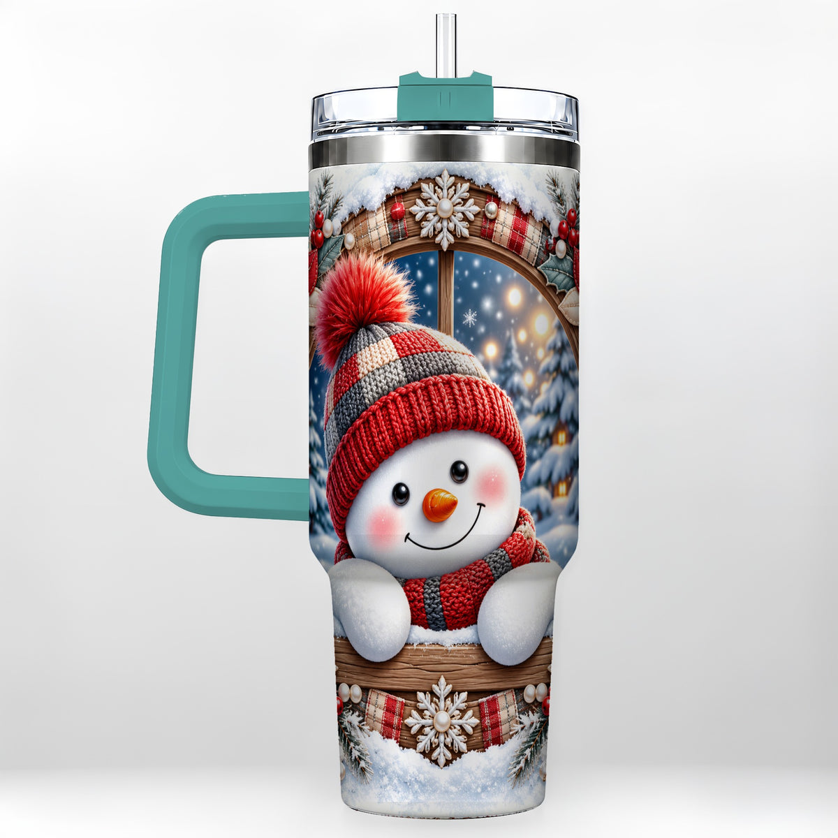 #pl[40oz|Green] Rustic Snowman 40oz Tumbler with Handle, Holiday Travel Cup