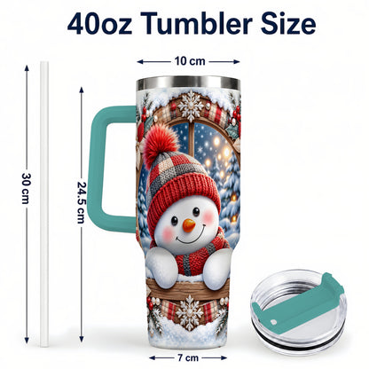 #pl[40oz|Green] Rustic Snowman 40oz Tumbler with Handle, Holiday Travel Cup