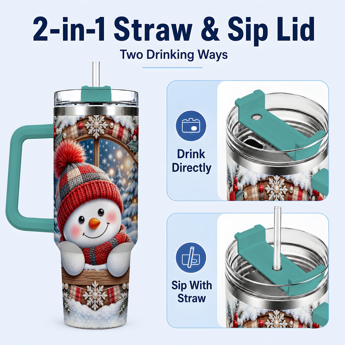 #pl[40oz|Green] Rustic Snowman 40oz Tumbler with Handle, Holiday Travel Cup