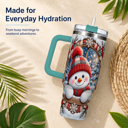 #pl[40oz|Green] Rustic Snowman 40oz Tumbler with Handle, Holiday Travel Cup