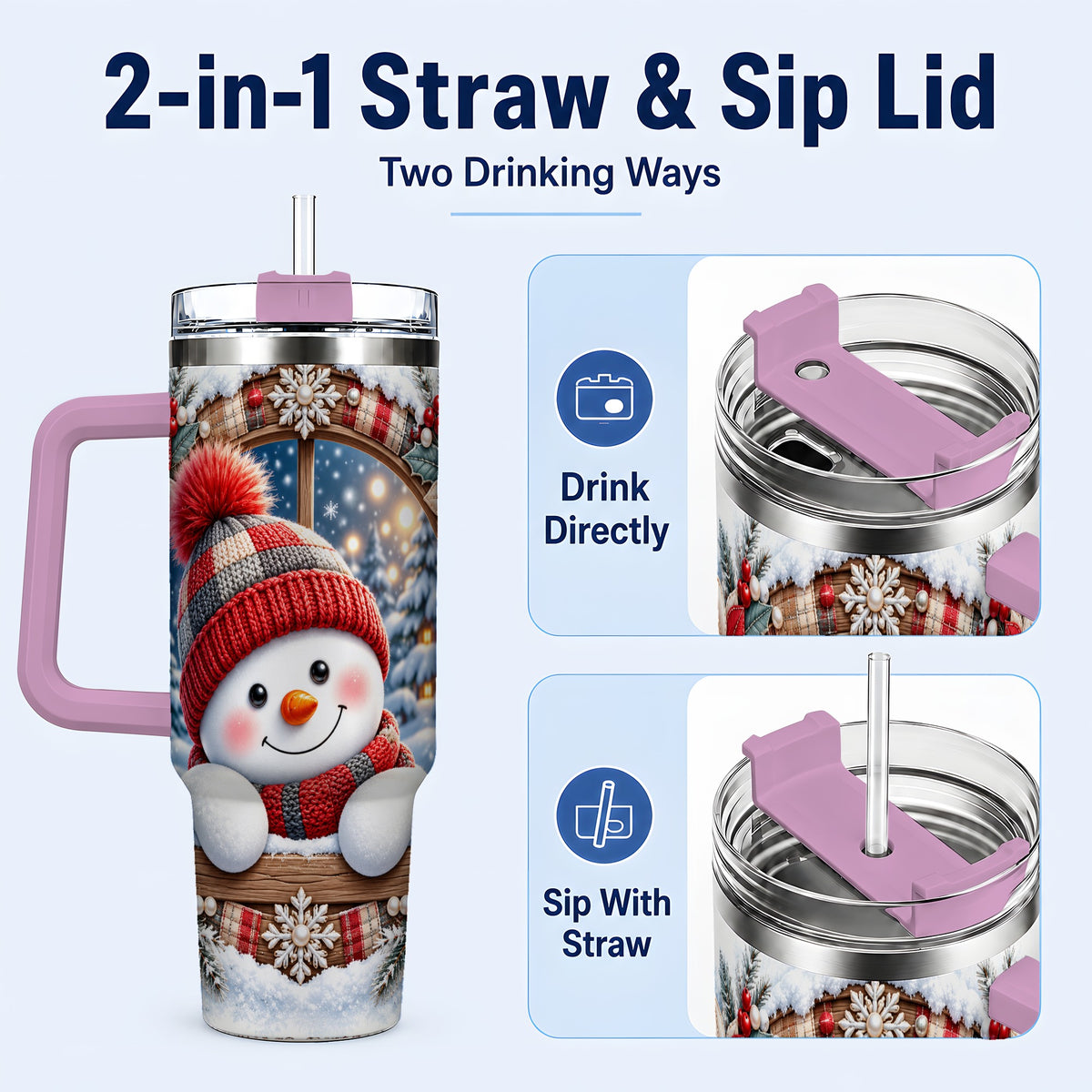 #pl[40oz|Pink] Rustic Snowman 40oz Tumbler with Handle, Holiday Travel Cup