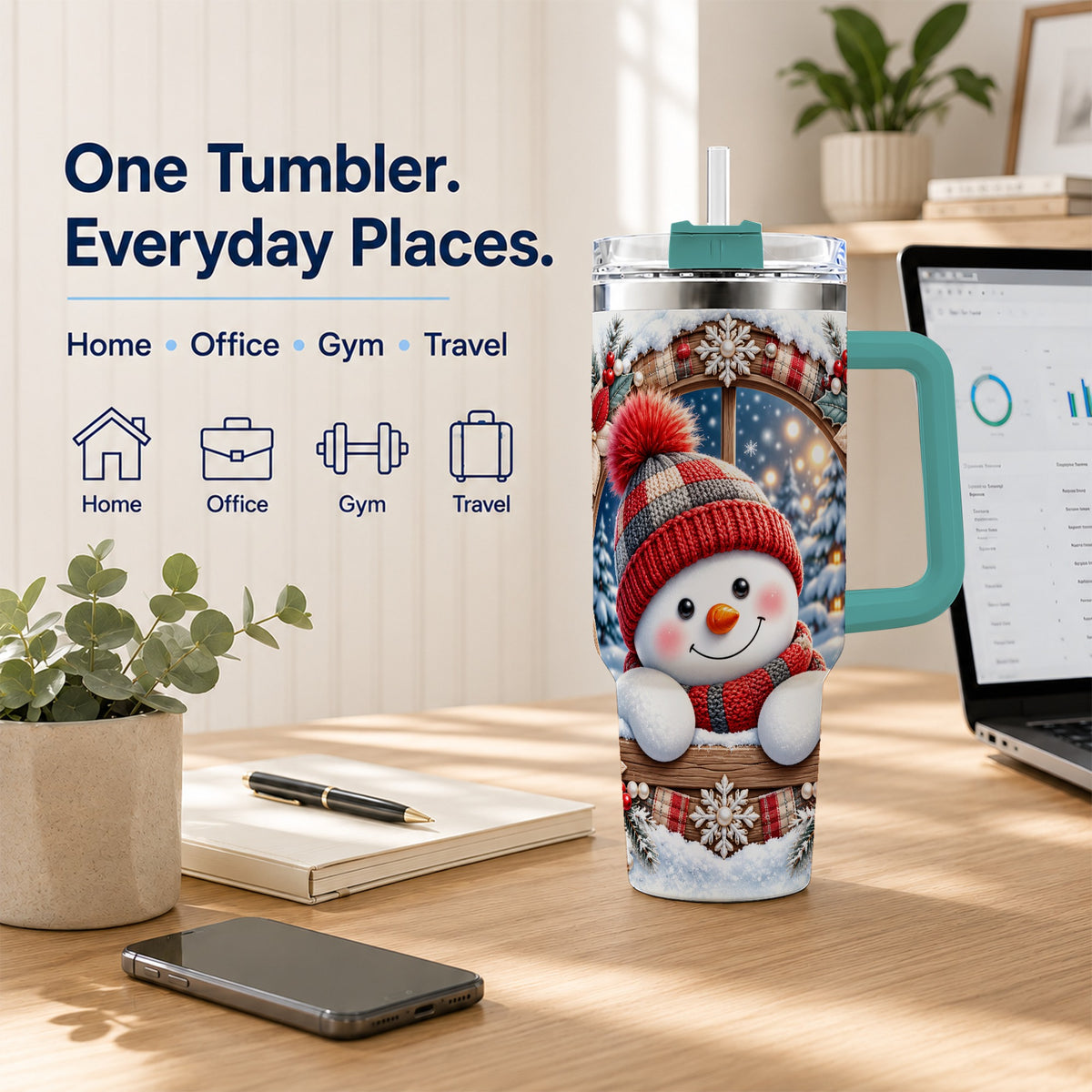 #pl[40oz|Green] Rustic Snowman 40oz Tumbler with Handle, Holiday Travel Cup
