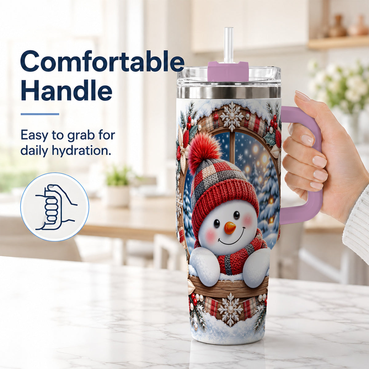 #pl[40oz|Pink] Rustic Snowman 40oz Tumbler with Handle, Holiday Travel Cup