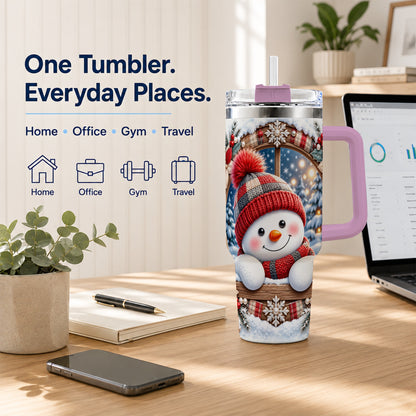 #pl[40oz|Pink] Rustic Snowman 40oz Tumbler with Handle, Holiday Travel Cup