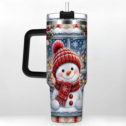 #pl[40oz|Black] Red Scarf Snowman 40oz Tumbler with Handle, Winter Travel Cup