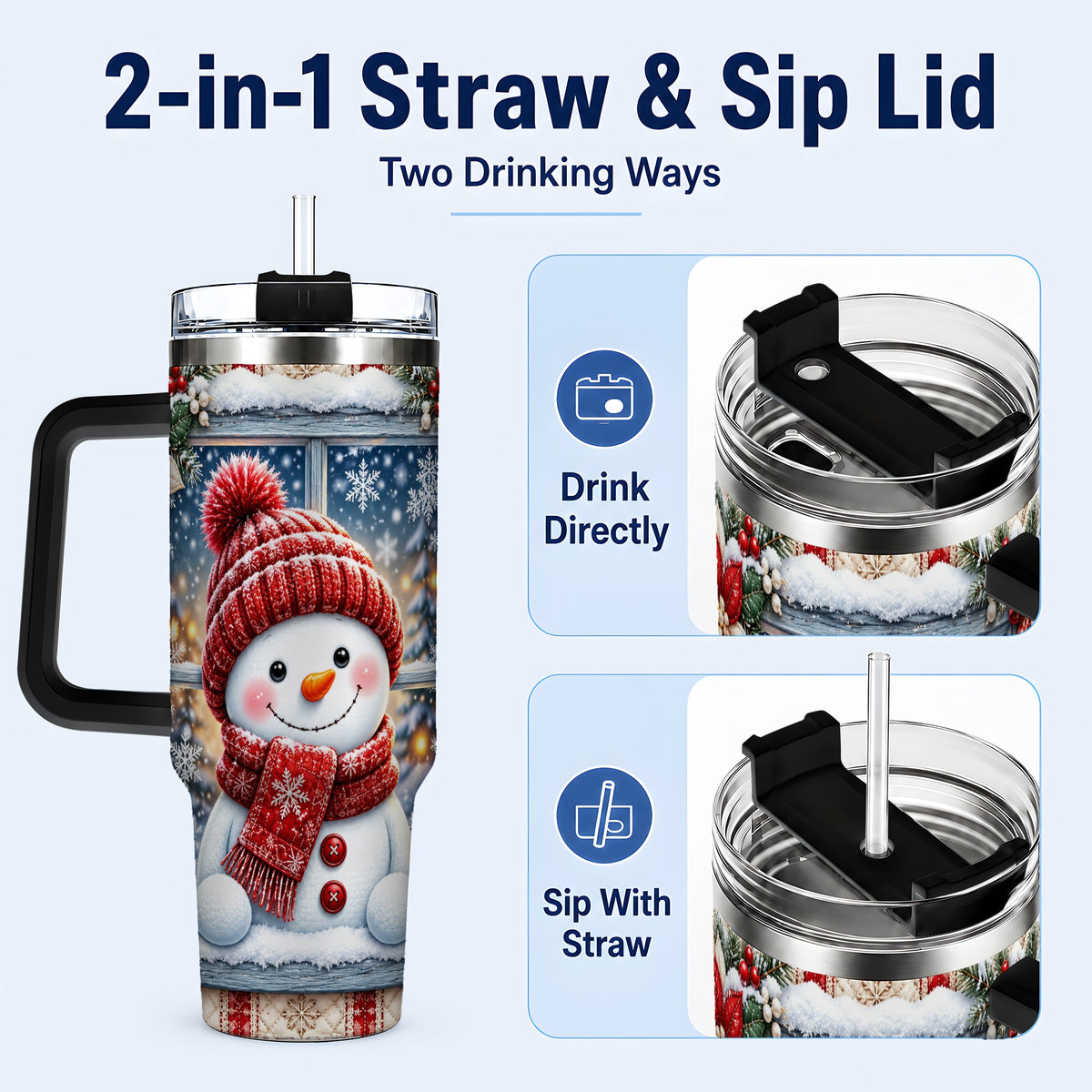 #pl[40oz|Black] Red Scarf Snowman 40oz Tumbler with Handle, Winter Travel Cup