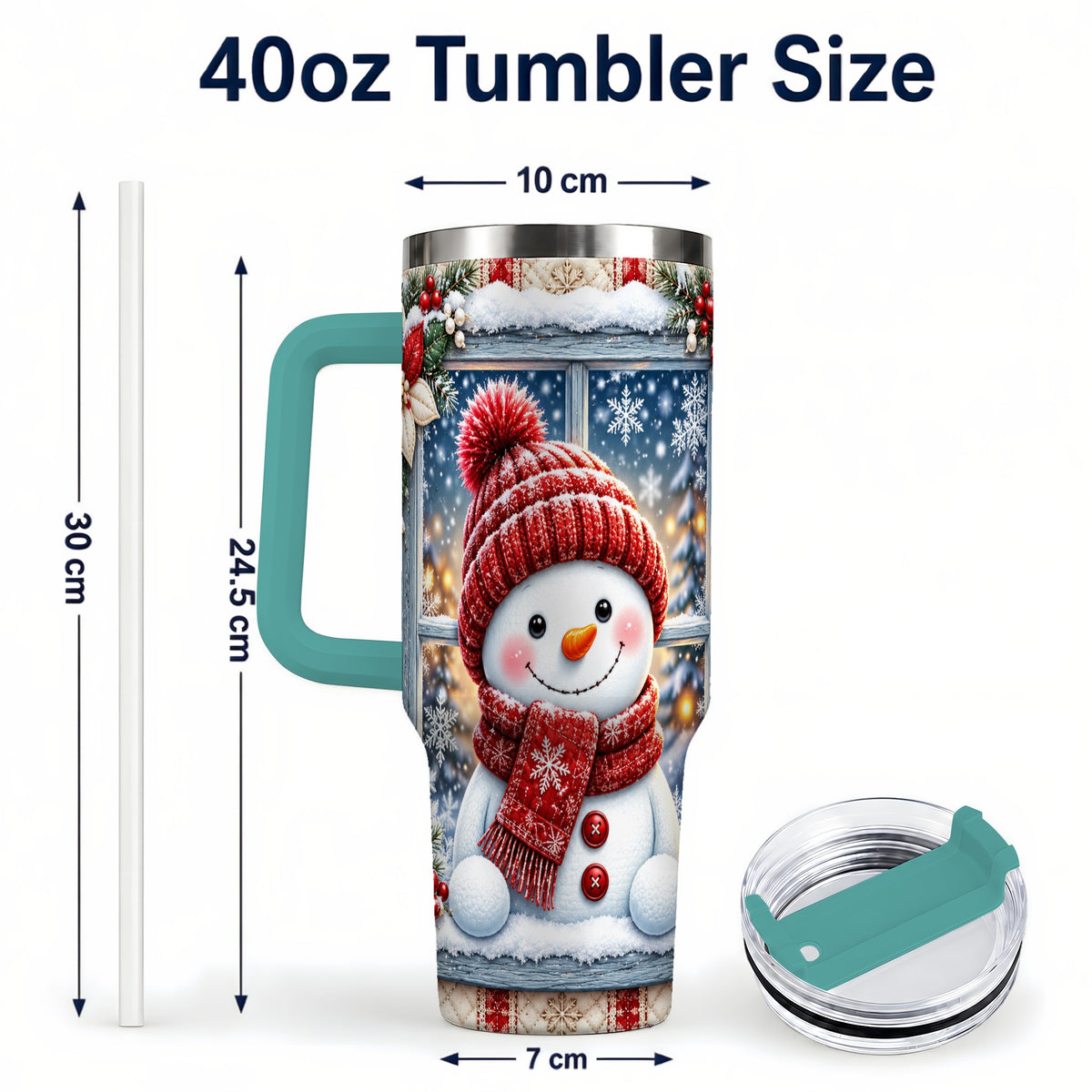 #pl[40oz|Green] Red Scarf Snowman 40oz Tumbler with Handle, Winter Travel Cup