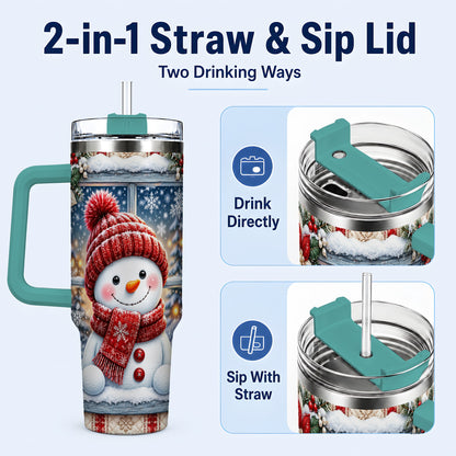 #pl[40oz|Green] Red Scarf Snowman 40oz Tumbler with Handle, Winter Travel Cup