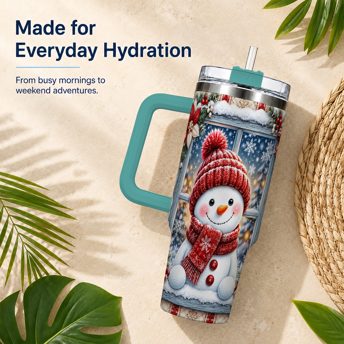 #pl[40oz|Green] Red Scarf Snowman 40oz Tumbler with Handle, Winter Travel Cup