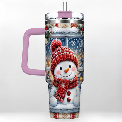 #pl[40oz|Pink] Red Scarf Snowman 40oz Tumbler with Handle, Winter Travel Cup