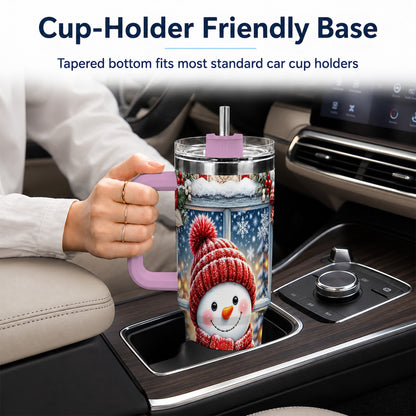#pl[40oz|Pink] Red Scarf Snowman 40oz Tumbler with Handle, Winter Travel Cup