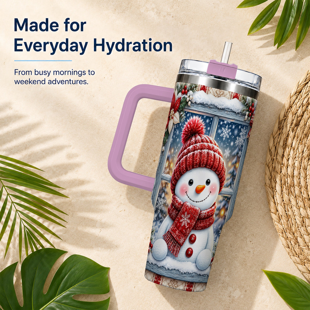 #pl[40oz|Pink] Red Scarf Snowman 40oz Tumbler with Handle, Winter Travel Cup