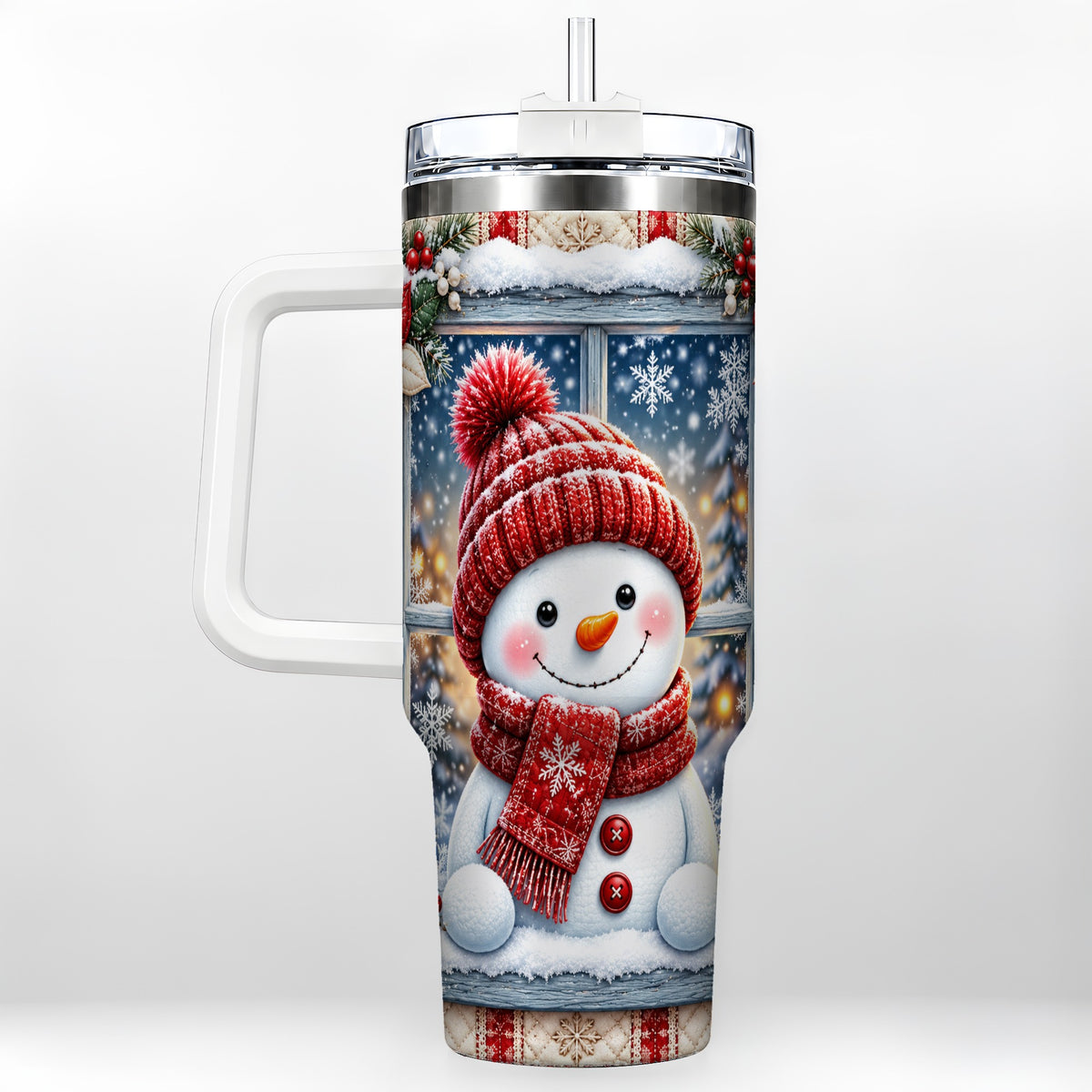 Red Scarf Snowman 40oz Tumbler with Handle, Winter Travel Cup