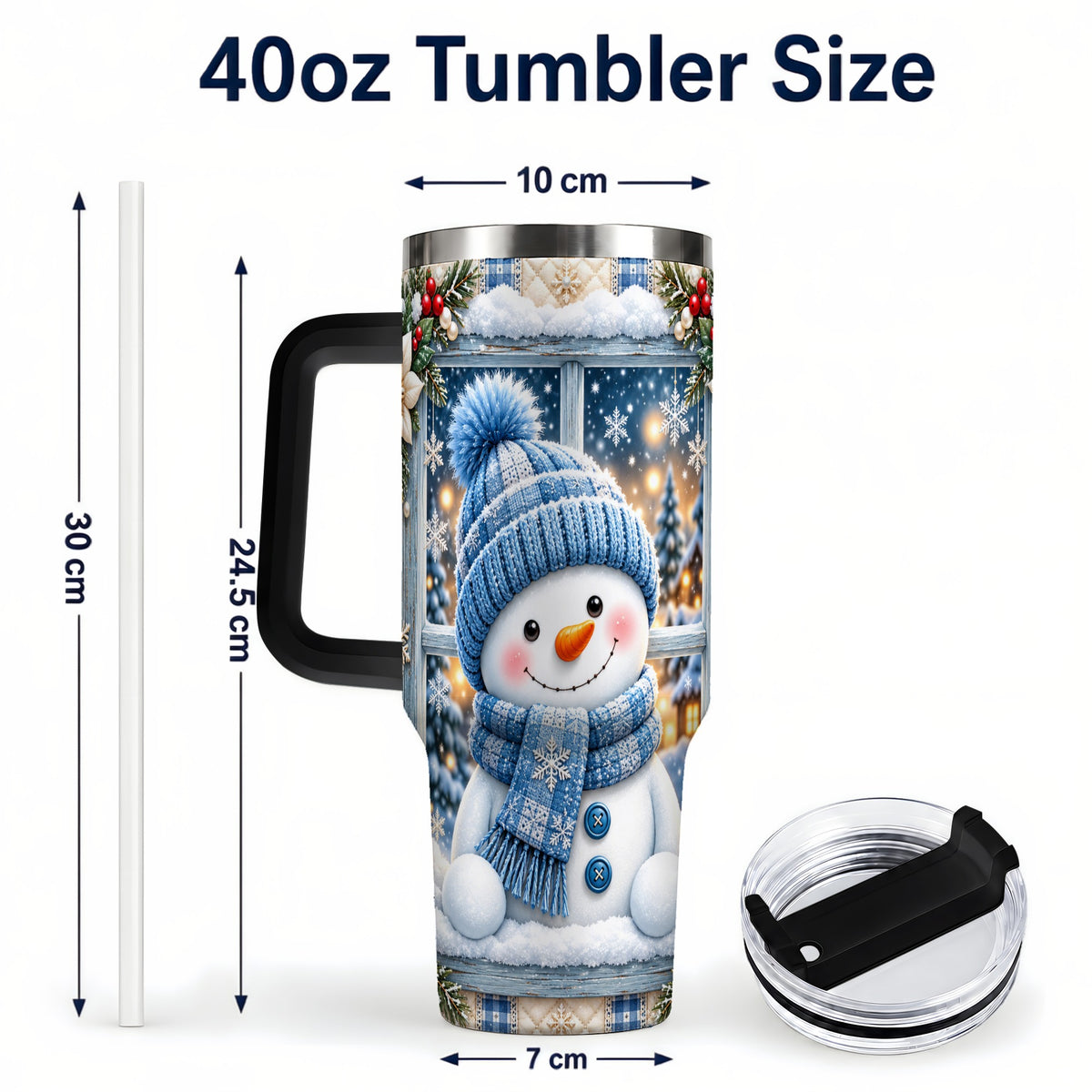 #pl[40oz|Black] Blue Scarf Snowman 40oz Tumbler with Handle, Winter Travel Cup