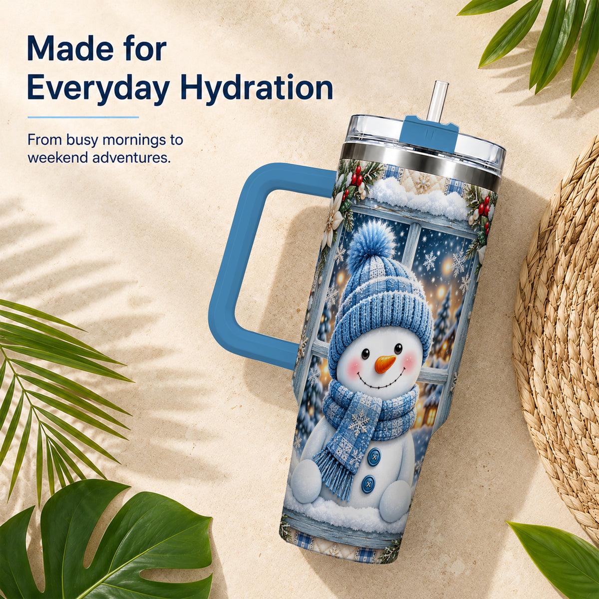 #pl[40oz|Blue] Blue Scarf Snowman 40oz Tumbler with Handle, Winter Travel Cup