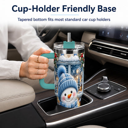 #pl[40oz|Green] Blue Scarf Snowman 40oz Tumbler with Handle, Winter Travel Cup