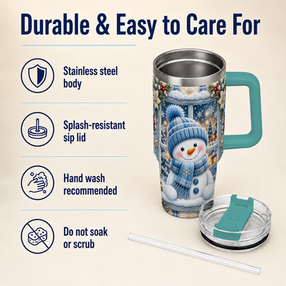 #pl[40oz|Green] Blue Scarf Snowman 40oz Tumbler with Handle, Winter Travel Cup