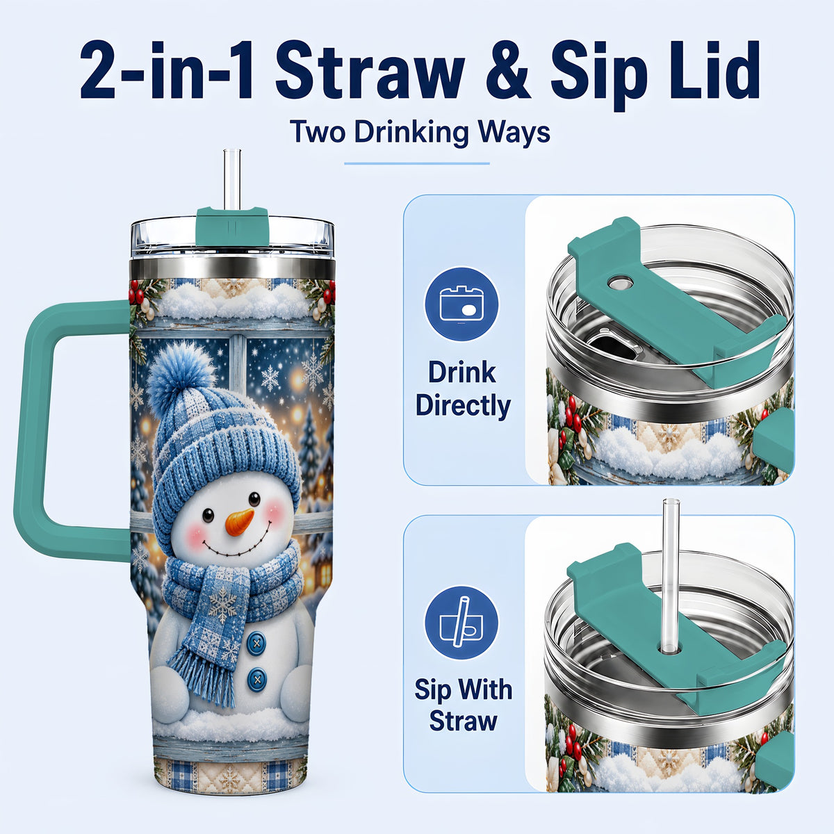 #pl[40oz|Green] Blue Scarf Snowman 40oz Tumbler with Handle, Winter Travel Cup