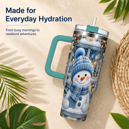 #pl[40oz|Green] Blue Scarf Snowman 40oz Tumbler with Handle, Winter Travel Cup