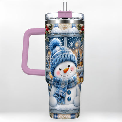 #pl[40oz|Pink] Blue Scarf Snowman 40oz Tumbler with Handle, Winter Travel Cup